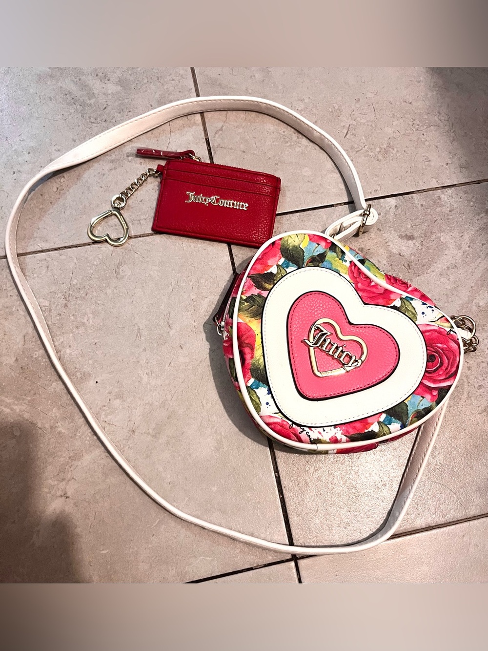 NWOT Juicy Couture A Little Piece Of Heart White Rose Crossbody Bag & Red Wallet